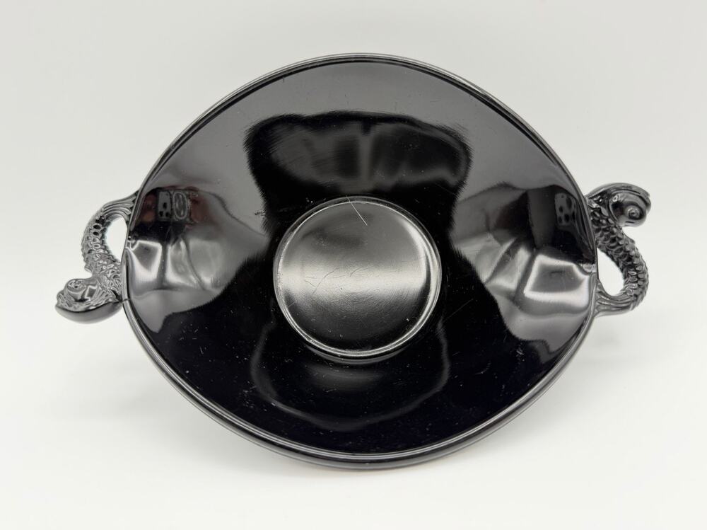 Black Glass Candy Bowl Trinket Dish with Koi Fish Handles 7.5” Long Vintage